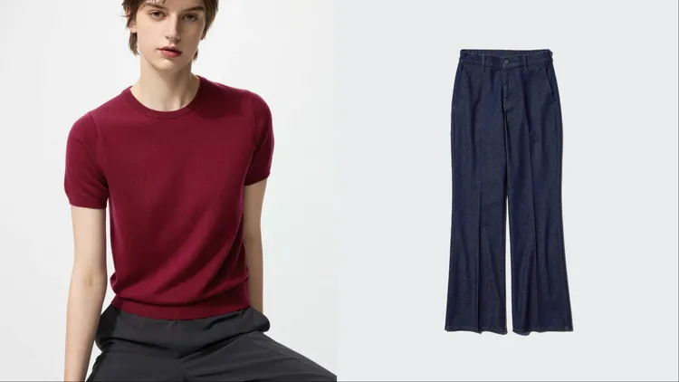 UNIQLO美麗諾圓領毛衣（左）790元、合身喇叭牛仔褲（右）1290元。品牌提供