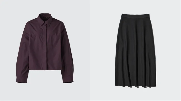 UNIQLO棉質短版襯衫（左）790元、可機洗米蘭羅紋寬襬裙（右）990元。品牌提供