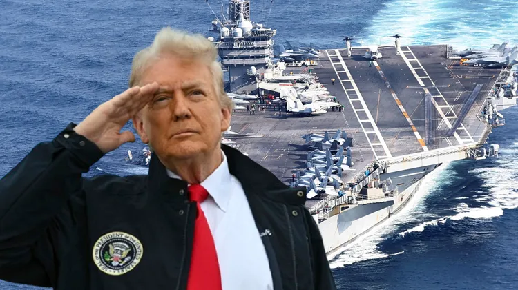 川普表示，習近平很清楚美軍是最強大的武力。合成畫面。背景為美國華盛頓號航母。美聯社