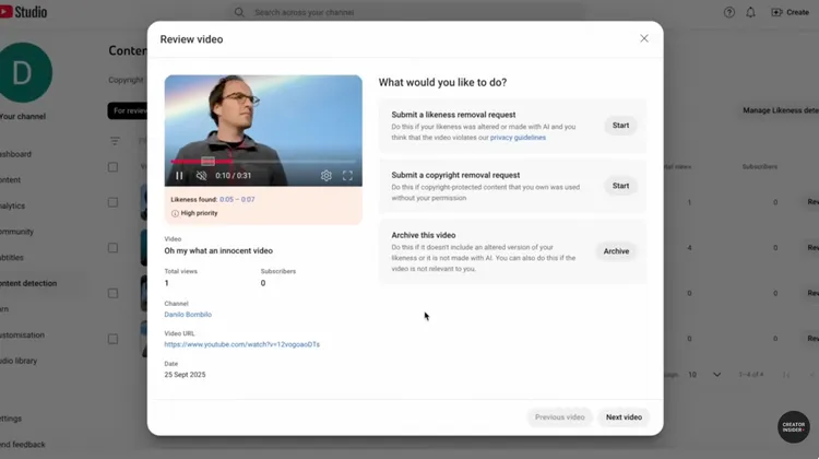 創作者完成身分驗證後，可在 YouTube Studio 看到系統偵測到的疑似 AI 變臉影片，並直接選擇申請肖像移除、版權下架或封存不處理。Creator Insider YouTube 