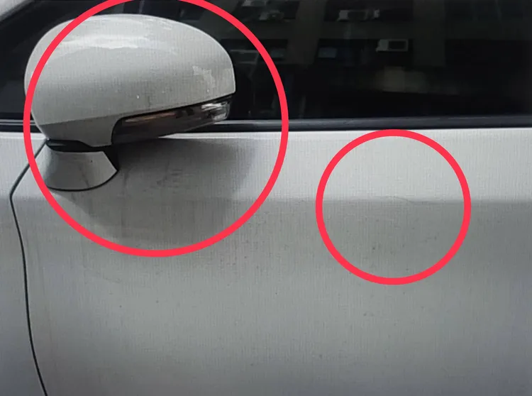 黃男停在路邊的轎車遭到擦撞，警方調閱數十支監視器找到肇事的單車少年。民眾提供