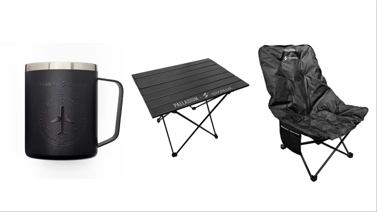 PALLADIUM×STARLUX推出雙層真空不鏽鋼杯（左起）、輕量摺疊收納桌、鋪棉露營椅。品牌提供