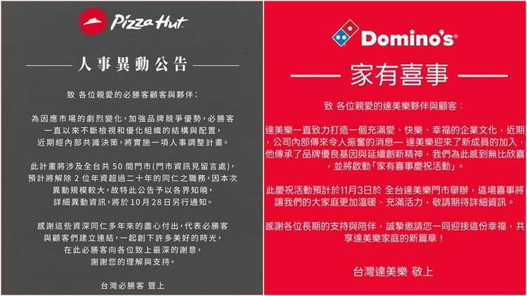 必勝客發公告解雇2名年資超過20年員工 達美樂火速宣布:家有喜事