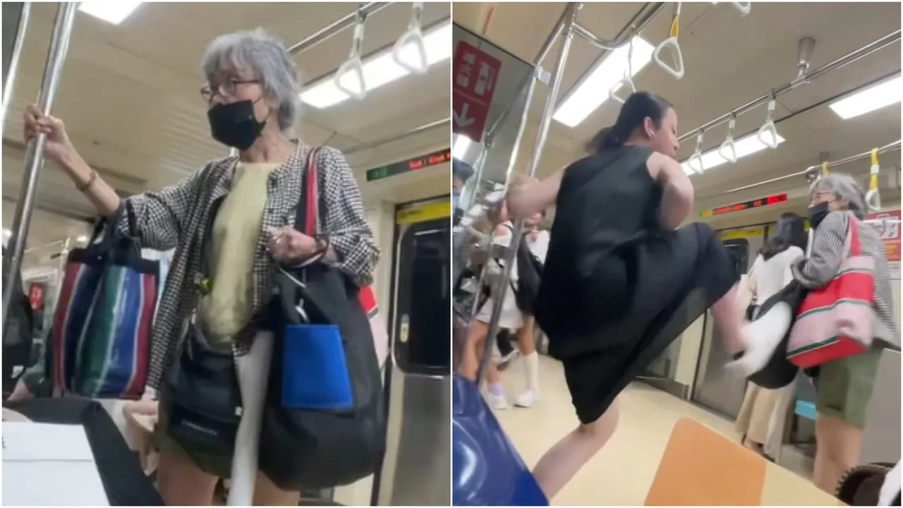 北捷老妇用包包撞击年轻乘客逼让座,结果反遭踹倒。翻摄Threads