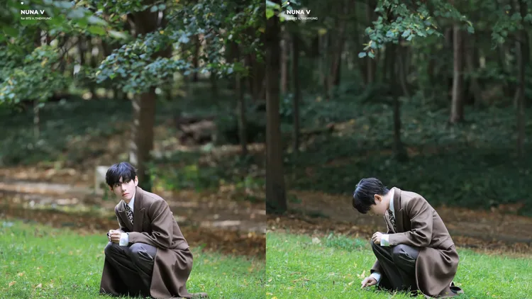 V被捕捉到在草地找四葉幸運草。翻攝_nuna_v IG