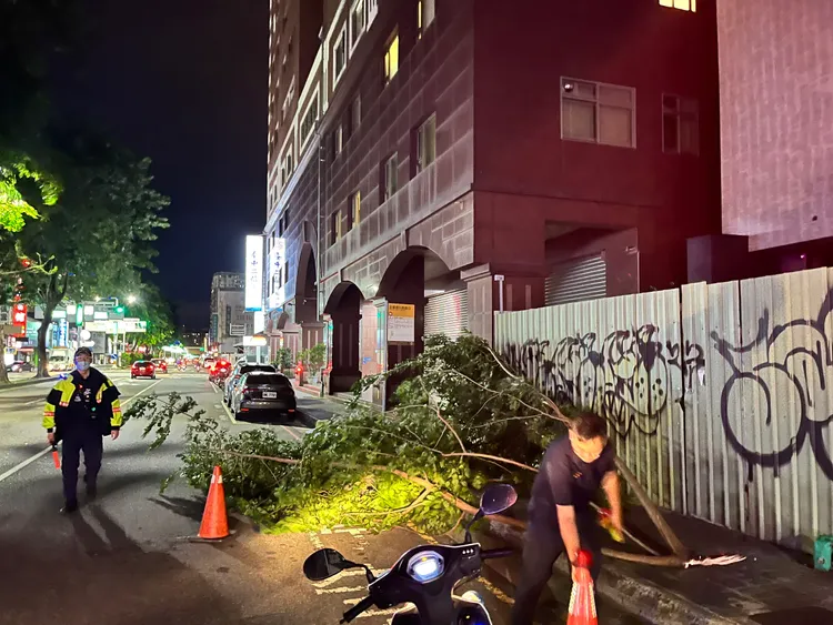 風神共伴效應帶來強風，台中路樹遭吹倒倒在路中影響交通。翻攝畫面