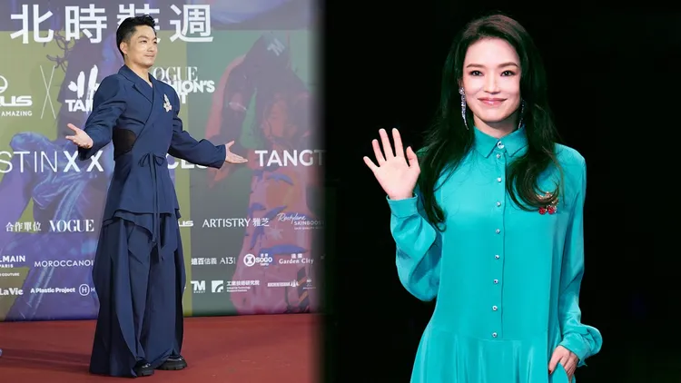 台北市长蒋万安(左)24日穿深蓝套装出席台北时装周闭幕秀,而舒淇一向是各大颁奖典礼的「娇」点。彭欣伟摄、翻摄东申未来微博