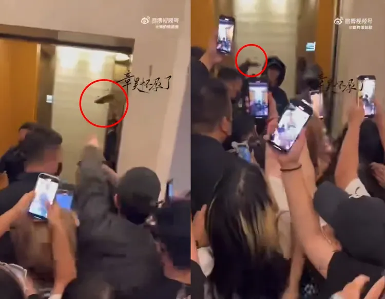 章昊（左圖）在電梯門口被粉絲抓住衣服，於是將私生飯的手機往電梯裡丟，秀彬（右圖）也怒了，再把手機往外丟。翻攝微博