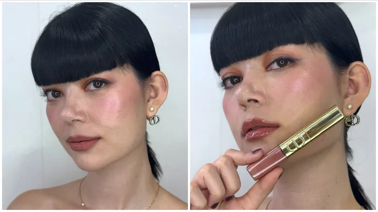 Model示範Dior金緻雙頭唇釉#100，左圖為霧面、右圖為亮面。張家玲攝