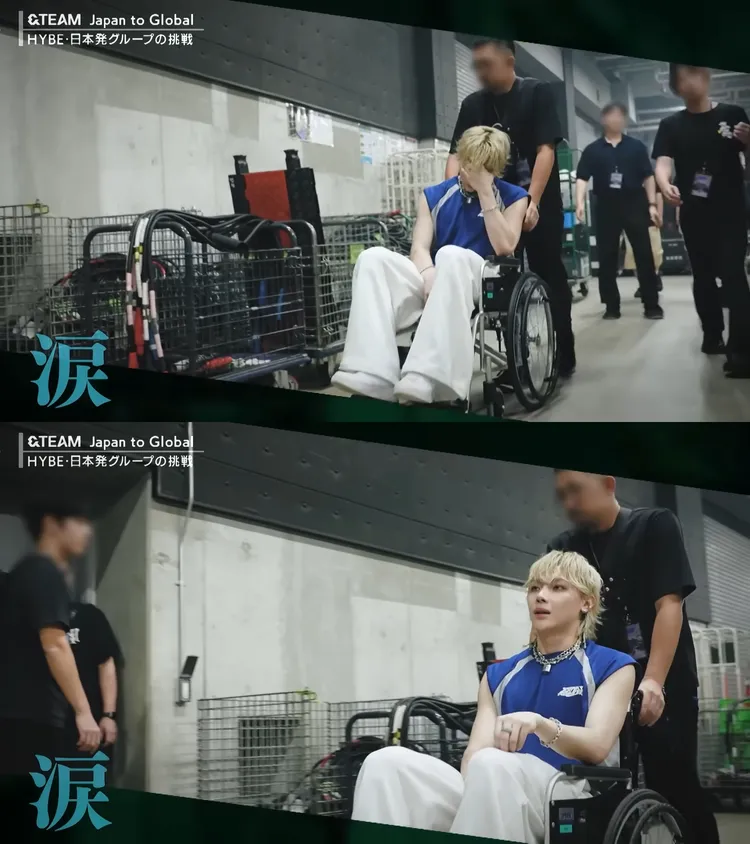 《Howling out to the World》公開NICHOLAS（王奕翔）在緣Day受傷後，坐輪椅進後台的懊惱神情。翻攝&TEAM YouTube