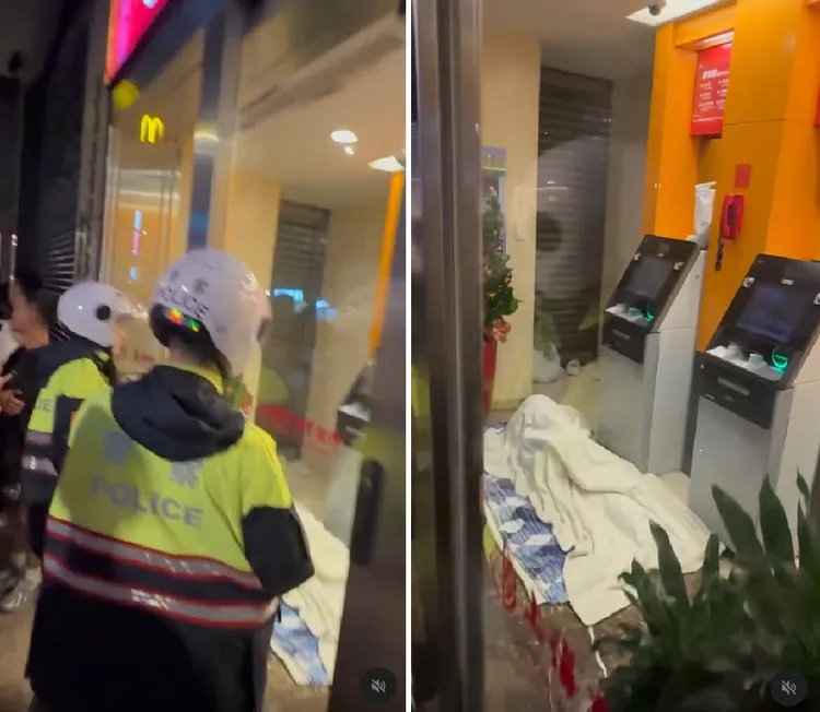 民众发现一名男子竟霸占银行ATM空间当成临时旅馆,在冷气房内直接铺上棉被入睡。Threads网友「jason850509」授权提供