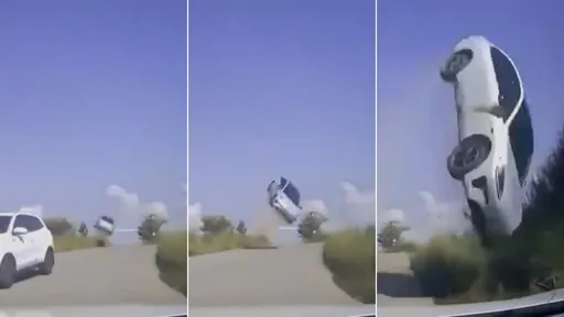 影片|轎車「起飛」離地4公尺 撞上廣告板才墜毀