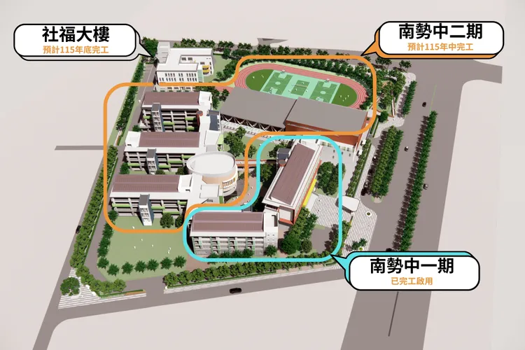林口區南勢國中校景俯視模擬圖。教育局提供