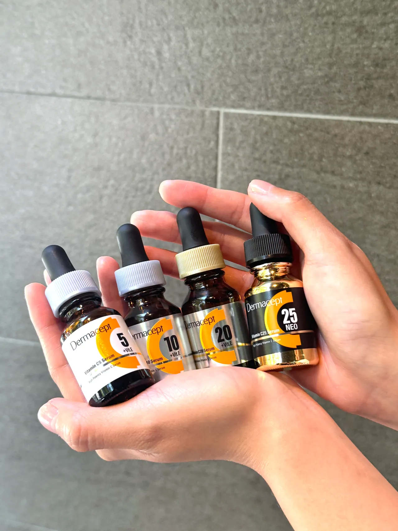 Dermacept带来4种不同浓度的维他命C精华。张家玲摄