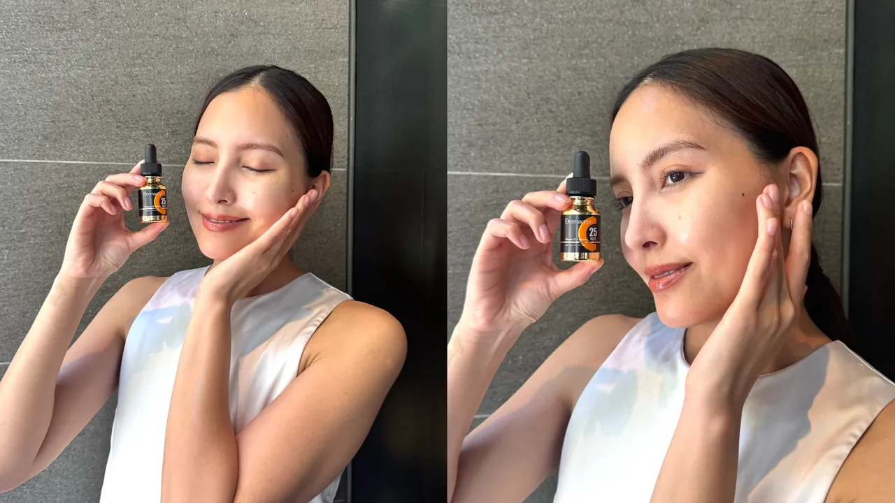 Model示范浓度最高的C25维他命C精华。张家玲摄