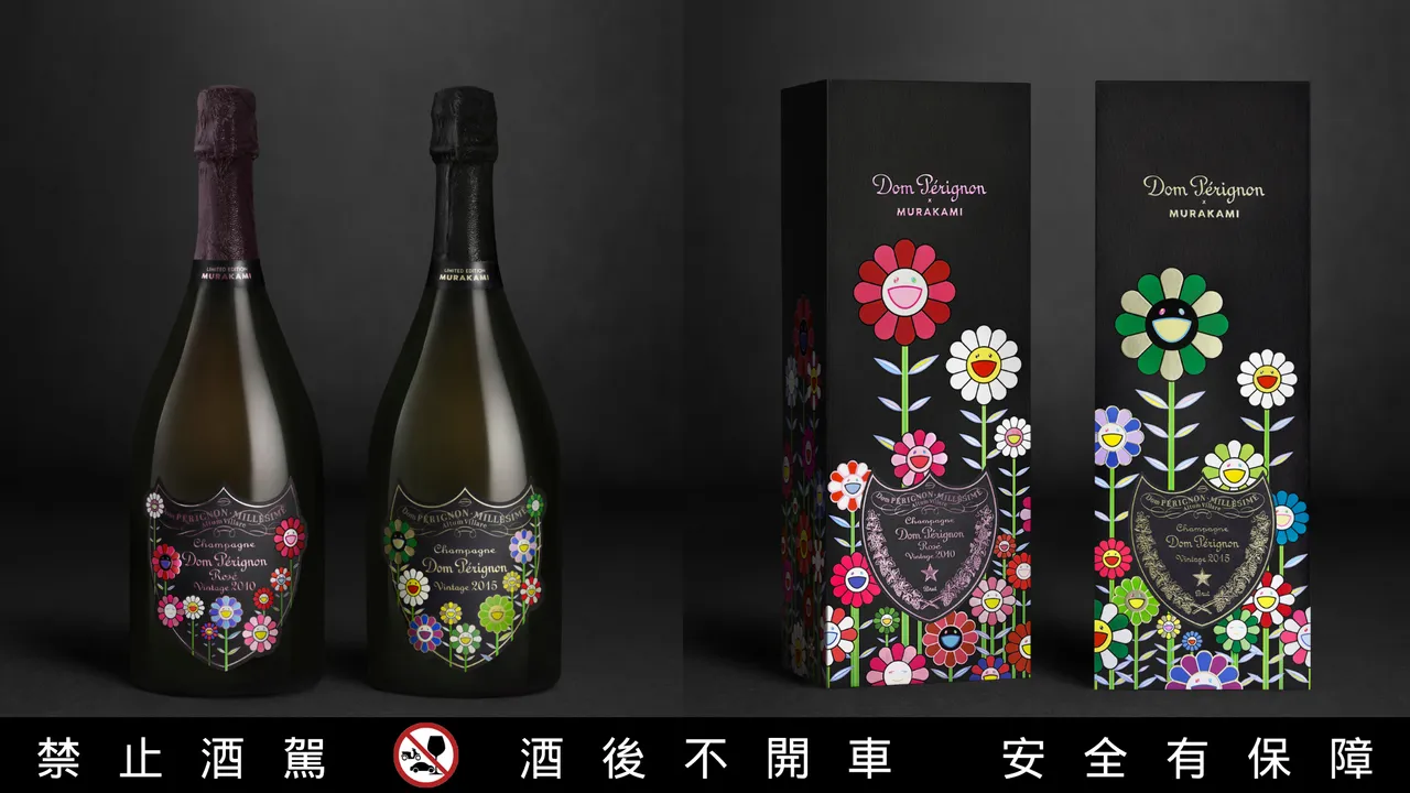 村上隆 (Takashi Murakami) 为香槟王 (Dom Pérignon) 简约、深沉的盾形标志注入缤纷可爱的花朵图腾;外盒上的盾形标志则被绽放花朵环绕,营造出强烈对比与趣味张力。业者提供