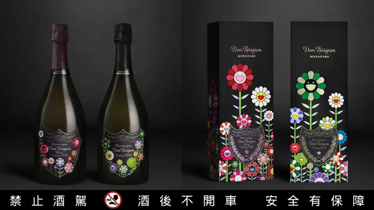 村上隆 (Takashi Murakami) 為香檳王 (Dom Pérignon) 簡約、深沉的盾形標誌注入繽紛可愛的花朵圖騰；外盒上的盾形標誌則被綻放花朵環繞，營造出強烈對比與趣味張力。業者提供