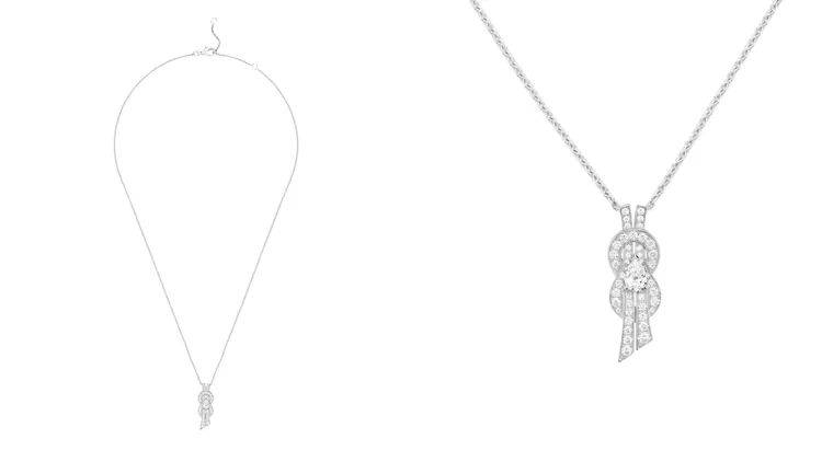 FRED Chance Infinie系列 白金鑽石項鍊，鑲嵌梨形切割鑽石。品牌提供