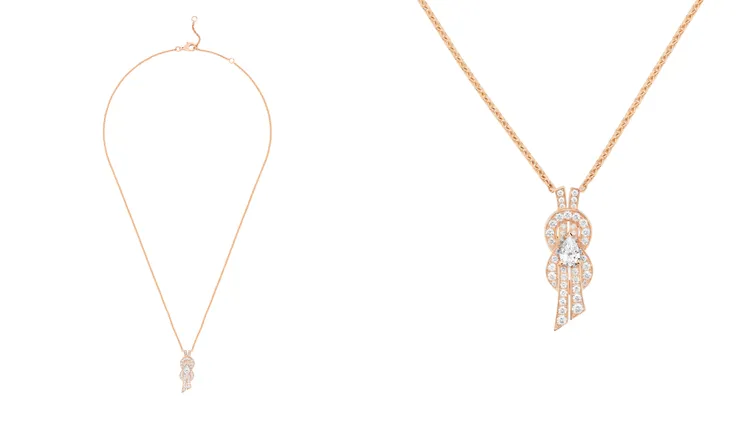 FRED Chance Infinie系列玫瑰金鑽石項鍊，鑲嵌梨形切割鑽石。品牌提供
