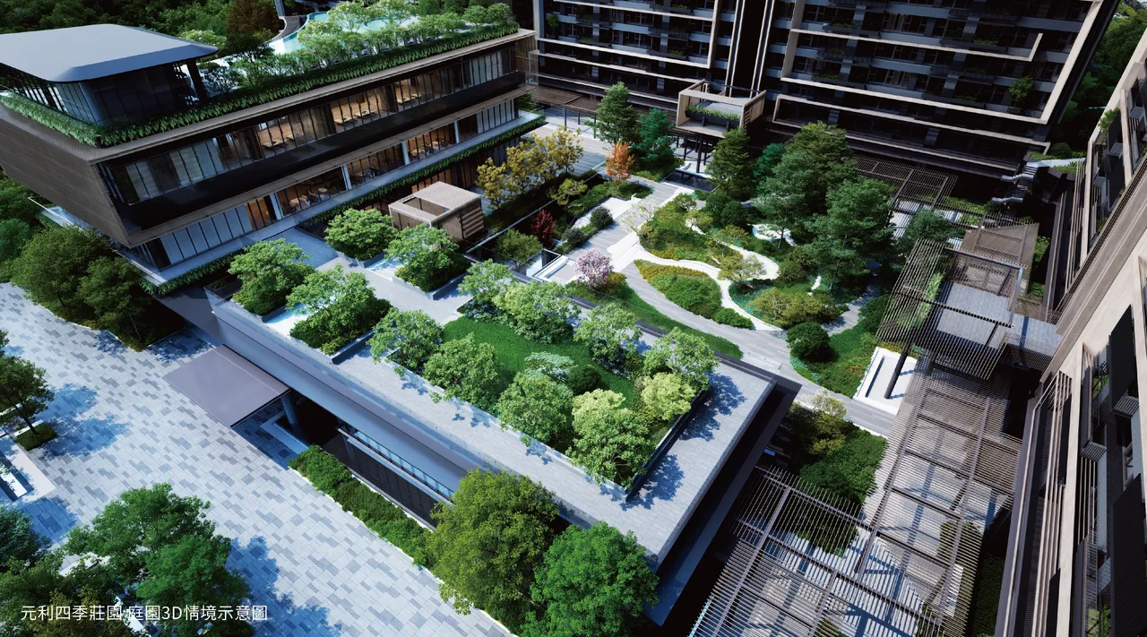 八栋住宅沿基地边界布局,释放出最大中庭面积,形塑绿意流动的开放内庭。(图/元利四季庄园提供)