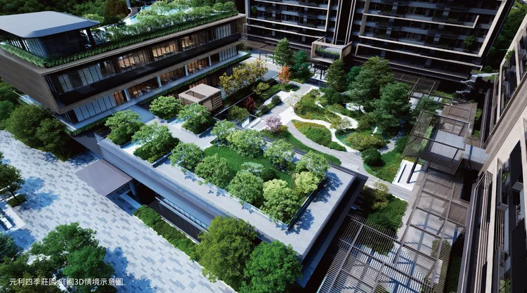 八棟住宅沿基地邊界佈局，釋放出最大中庭面積，形塑綠意流動的開放內庭。(圖／元利四季莊園提供）