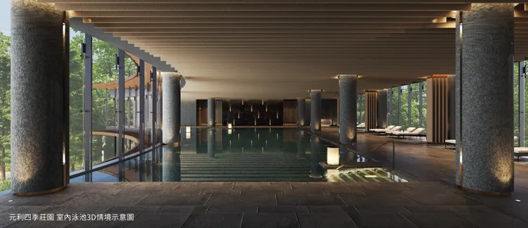 市場上罕見的室內與戶外雙泳池規劃，且具備綠意景觀優勢。(圖／元利四季莊園提供）