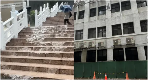 淡江被雨弹炸出「瀑布」 大楼磁砖飞坠一地