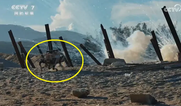 共軍已將機器狗（黃圈）納進軍事演訓中。翻攝央視網