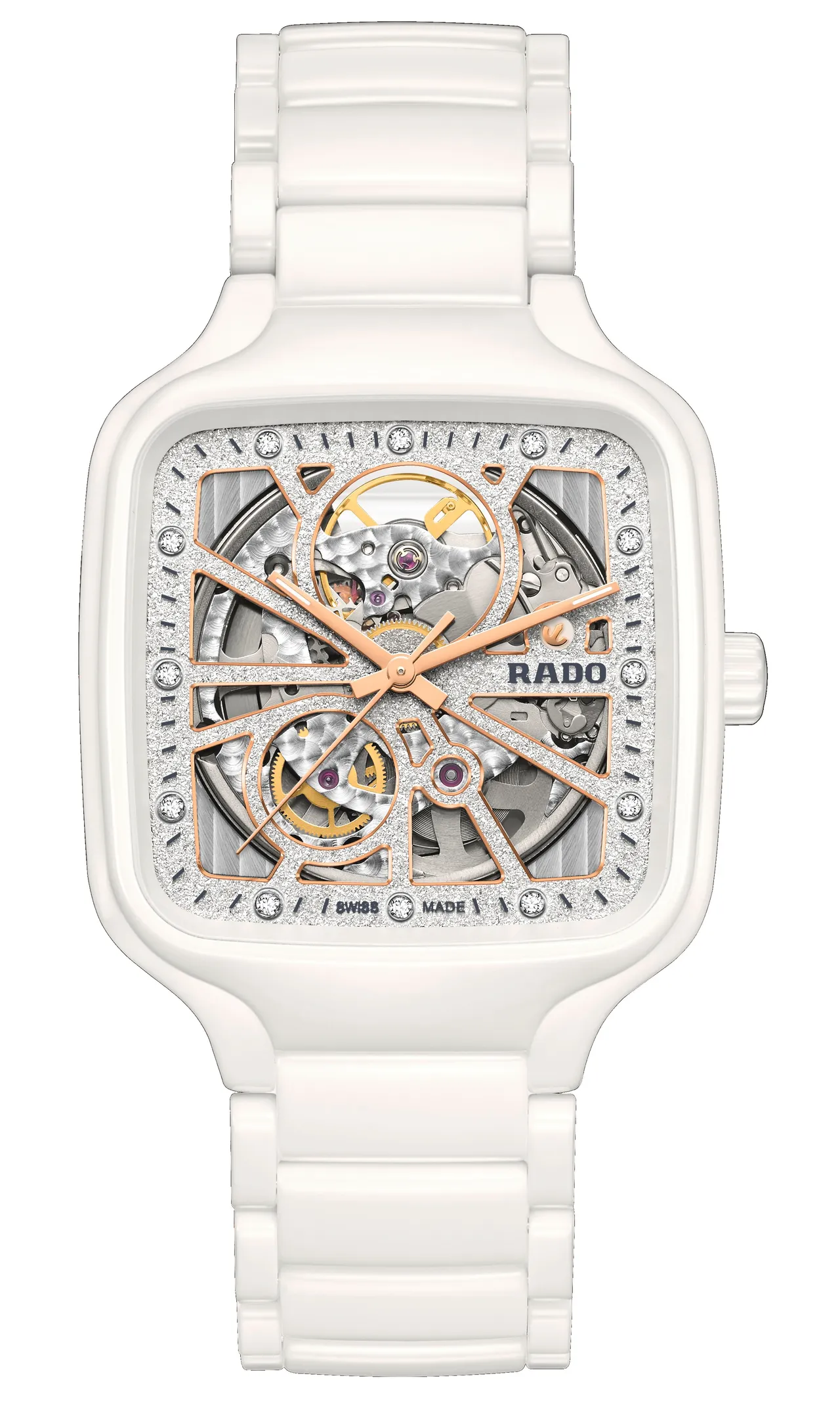 RADO True Square真我方形系列白漾高科技陶瓷镂空腕表,10万3100元。品牌提供