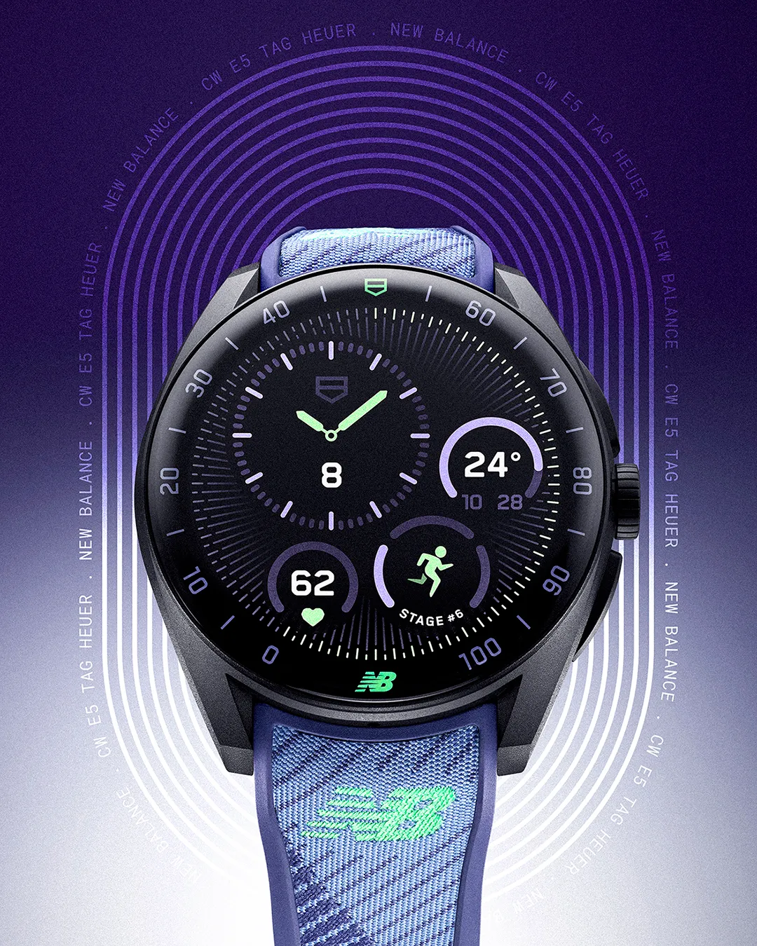 泰格豪雅Connected Calibre E5 智能腕錶40毫米 × New Balance 聯名款,40mm,黑色DLC 2級鈦金屬錶殼,1.39吋AMOLED 觸控顯示螢幕,雙材質橡膠錶帶搭配高科技織物內襯,Calibre E5 (TAG Heuer OS)機芯,動力儲存完整效能約1.5天、運動模式(跑步)12小時 ,防水深度50米,6萬6400元。品牌提供