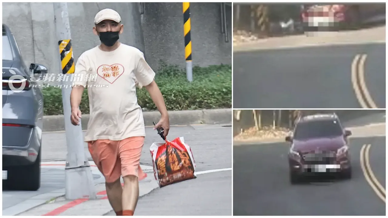 黃子佼8/24駕駛紅色車輛撞機車(右上)後,未下車察看,就開車離去(右下)。左圖為他8/27外出買麻辣鍋。翻攝畫面