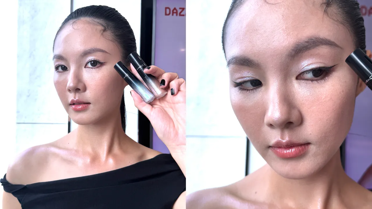 Model示范钻光星辰眼影液#Not Scared to Sparkle以及#Crumbled Diamonds。张家玲摄