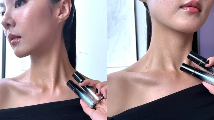 鑽光星辰眼影液也可用在鎖骨打亮。張家玲攝