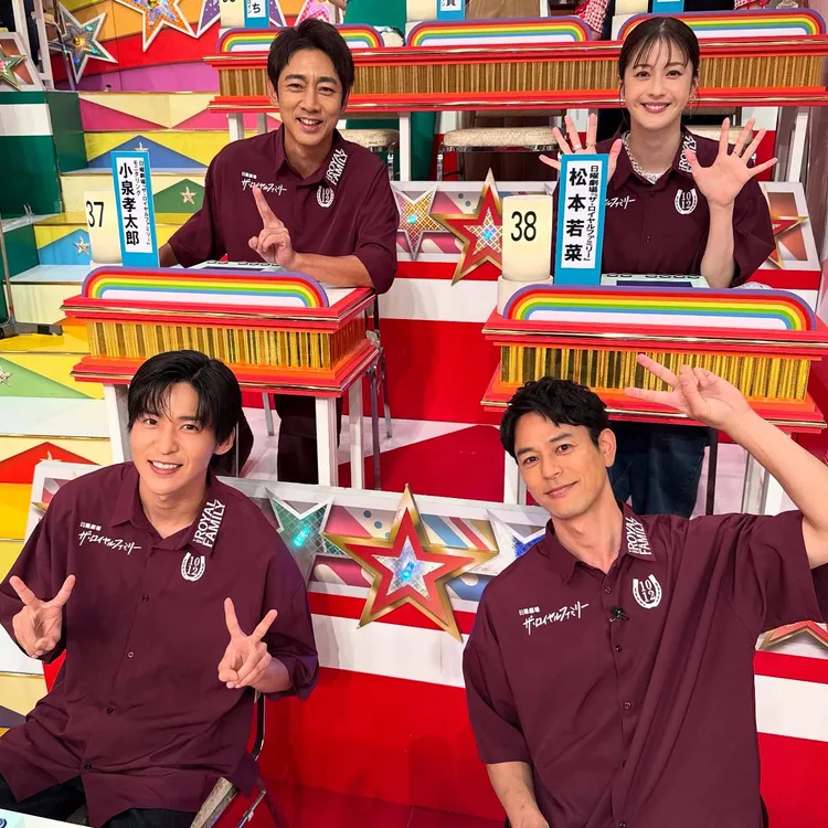 小泉孝太郎（後排左起）、松本若菜、目黑蓮（前排左起）、妻夫木聰昨代表新戲《榮耀家族》參加《All Star感謝祭2025秋》特別節目。翻攝royalfamily_tbs IG