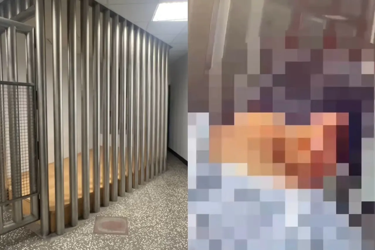 通缉犯洪嫌被抓进土城分局拘留室(图左)后,拔下天花板轻钢架铁片意图割喉切腕轻生,被警员及时阻止,送医治疗后无大碍,包扎后再返回警局(图右),之后移送检方。翻摄画面