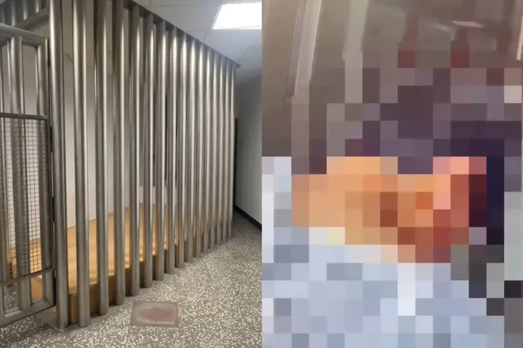 通緝犯洪嫌被抓進土城分局拘留室(圖左)後，拔下天花板輕鋼架鐵片意圖割喉切腕輕生，被警員及時阻止，送醫治療後無大礙，包紮後再返回警局(圖右)，之後移送檢方。翻攝畫面
