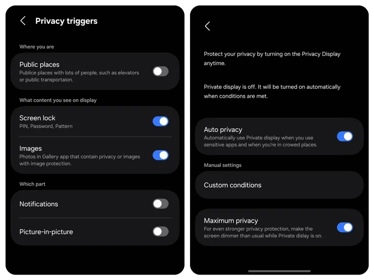 三星Galaxy S26 Ultra傳出將獨享「隱私顯示」功能，使用者可在設定中開啟自動隱私、指定應用程式或圖片套用防偷窺效果，並支援「最高隱私模式」進一步降低螢幕亮度。@achultra X
