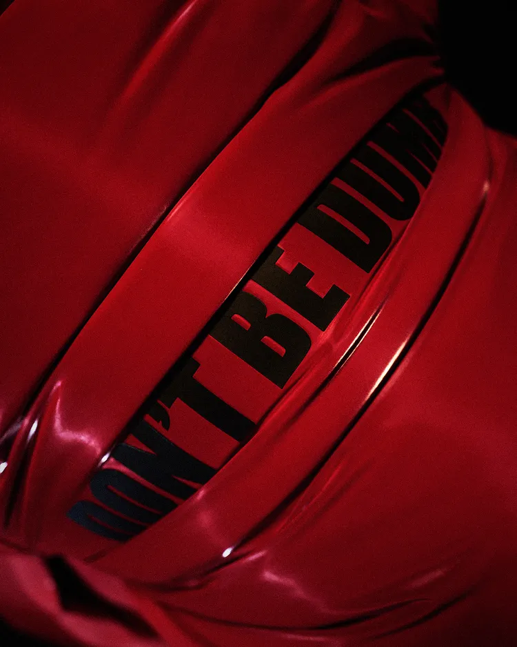 外套後背貼飾上印有A$AP Rocky新專輯名稱《Don't Be Dumb》。品牌提供