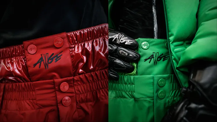 長褲採用多層褲頭設計，並以AWGE與MONCLER的品牌標誌作為點綴。品牌提供