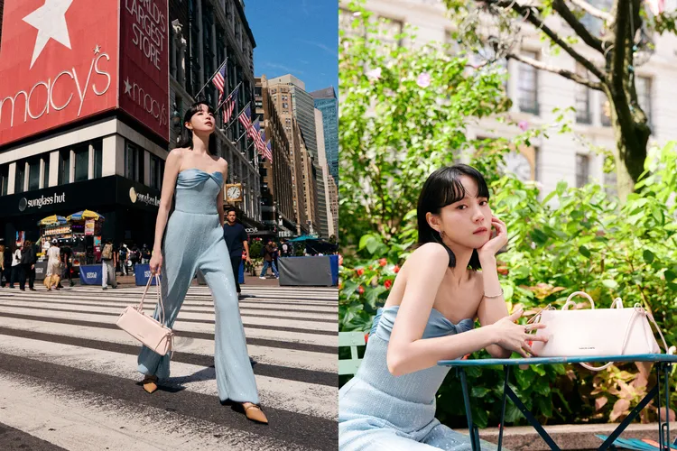 程予希運用淡粉色的Hazel蝴蝶結長型包替俐落褲裝增添甜美感。品牌提供