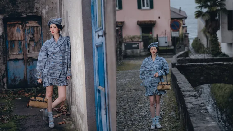 曾之喬換上藍色貝蕾帽套裝，並讓Victoria麂皮肩背包、Winona針織帶瑪莉珍粗跟鞋成為造型焦點。品牌提供