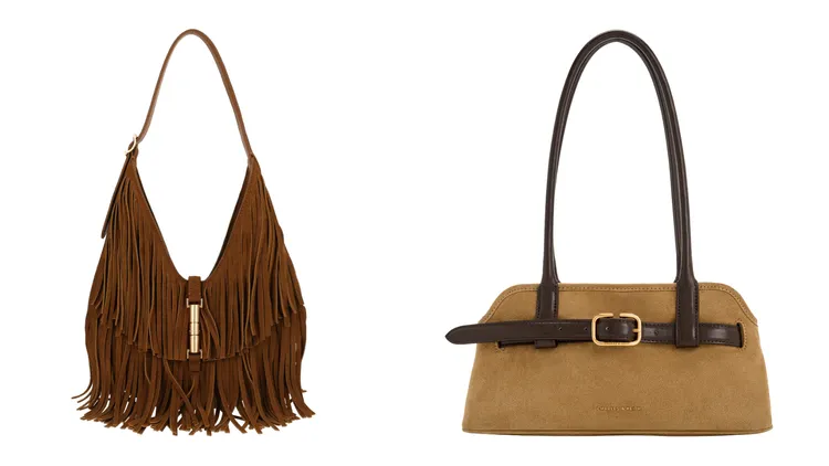 CHARLES & KEITH Cesia金屬釦流蘇包（左）、Victoria麂皮肩背包（右），各3190元。品牌提供