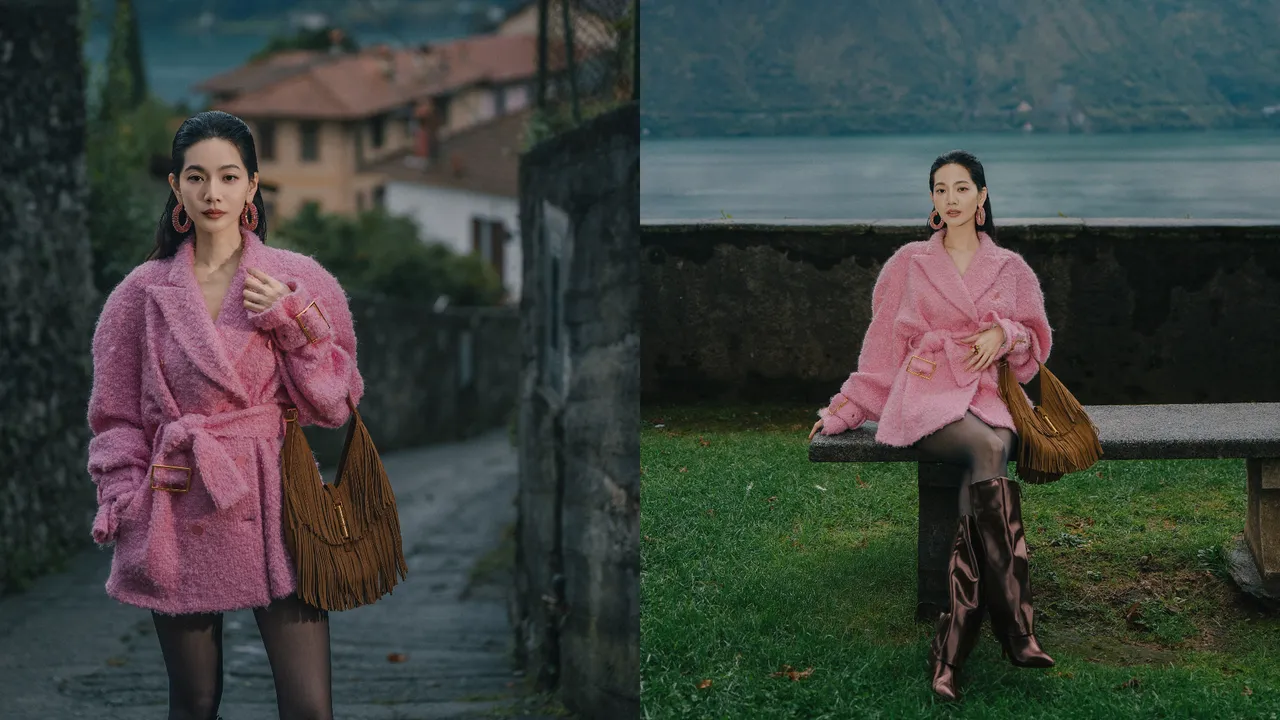 曾之乔透过粉色大衣与波希米亚风格的Cesia金属扣流苏包碰撞出时髦感。品牌提供