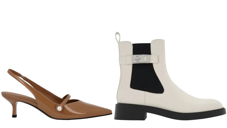 CHARLES & KEITH Helena珍珠裸跟鞋（左）1990元、Lando 金屬釦切爾西靴（右）2990元。品牌提供