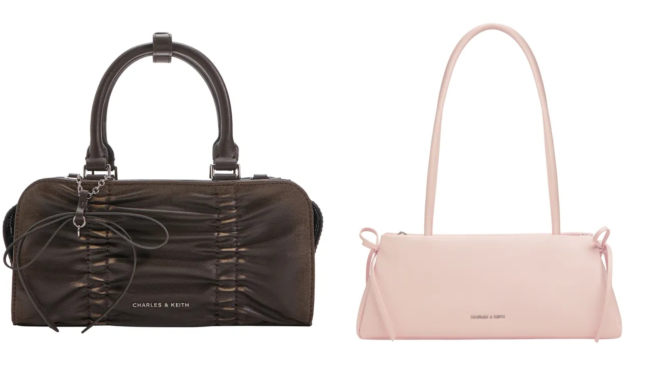 CHARLES & KEITH Kadee抓皱托特包(左)2790元、Hazel蝴蝶结长型包(右)2190元。品牌提供