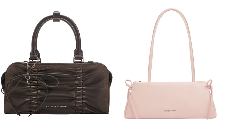 CHARLES & KEITH Kadee抓皺托特包（左）2790元、Hazel蝴蝶結長型包（右）2190元。品牌提供