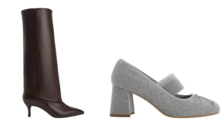 CHARLES & KEITH尖頭高跟長靴（左）3390元、Winona針織帶瑪莉珍粗跟鞋（右）1990元。品牌提供