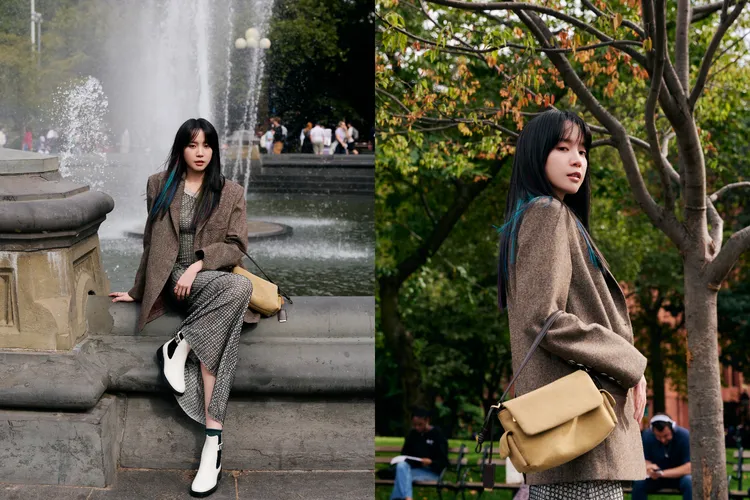 程予希以俐落西裝搭配大地色Khai麂皮肩背包、Lando金屬釦切爾西靴。品牌提供