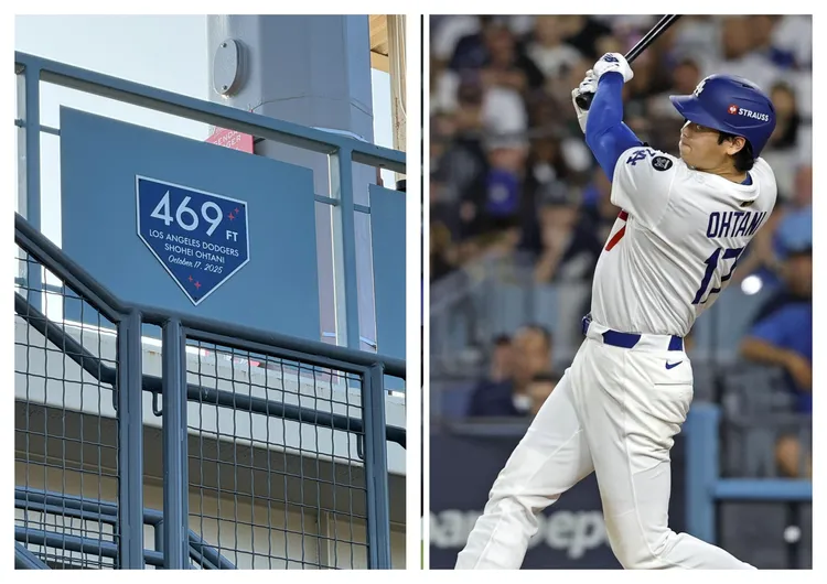 大谷翔平轰了469英呎,道奇主场立牌标示。  翻摄@DodgersBeat X、路透