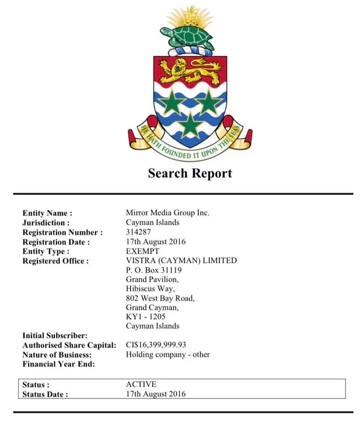 《鏡週刊》社長裴偉的精鏡傳媒從避稅天堂開曼的紙上公司MMG（Mirror Media Group Inc.）「挹注」了超過2800萬美金。翻攝自黃國昌臉書